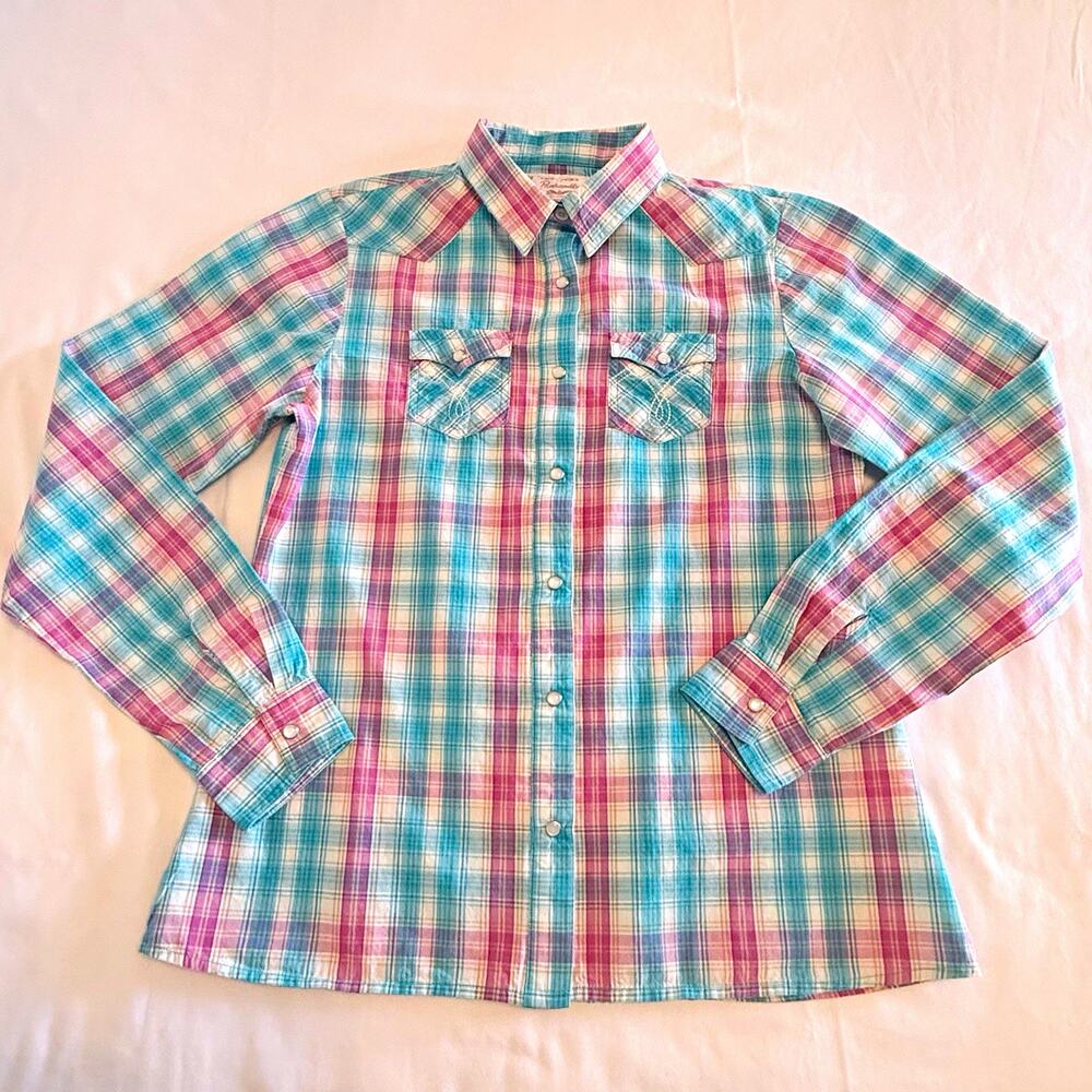 Girls Panhandle XXL Plaid Western Long Sleeve Snap Button-Up Cotton Shirt